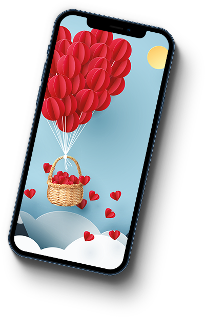 Stående Iphone med en flygande presentkorg fylld med hjärtan på skärmen.